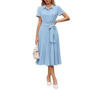 GRACE KARIN Damen A-Line Sommerkleid, Freizeitkleid mit Hemdkragen, Kurzärmeln & Gürtel, Midikleid mit Raffung Hellblau M