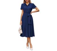 GRACE KARIN Damen A-Line Sommerkleid, Freizeitkleid mit Hemdkragen, Kurzärmeln & Gürtel, Midikleid mit Raffung Marineblau XXL