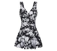 GRACE KARIN Damen Badekleider Einteiliger Bauchweg Badeanzug Blumen Muster Baderkleid Push Up Swimwear Schwarz-weiße Blumen S