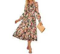 GRACE KARIN Damen Blumenkleid Elegant V Ausschnitt Langarm mit Rüschen Midikleid M Schwarz und Orange