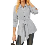 GRACE KARIN Damen Business Langarmshirt Gestreifte Taillengürtel Hemdbluse Schlankheit Rüschen Saum Tunika Weiß L