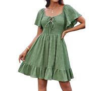 GRACE KARIN Damen Cape Ärmel Quadratischer Ausschnit Sommerkleid Sexy Schulterfrei Tie Front Mini Kleid mit Tasche Hellgrün S