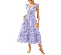GRACE KARIN Damen Elegant Blumenkleid, Rüschenärmel V-Ausschnitt Kleid Damen Sommer mit Tasche, Sommerkleid Damen Leicht Strandkleid Lila-Rosa Blumen XL