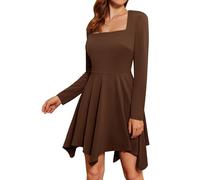 GRACE KARIN Damen Elegantes Langarm Midikleid Quadratischer Ausschnitt Unregelmäßiger Saum Lässiges Partykleid Braun L