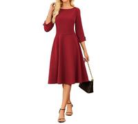 GRACE KARIN Damen Elegantes Midi Cocktailkleid 3/4 Ärmel U-Boot-Ausschnitt A-Linie Herbstkleider Abendkleid Rot L