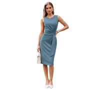 GRACE KARIN Damen Elegantes Wickelkleid Ärmellos Etuikleid Rundhals Midi Business Kleid Cocktail Party Bleistiftkleid Formelle Blaugrau XXL