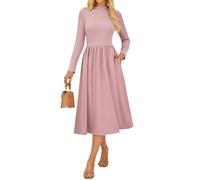GRACE KARIN Damen Kleid Langarm Herbstkleid Lässiges Stehkragen Gestricktes Midikleid mit Taschen