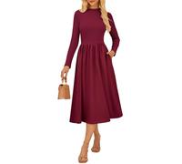GRACE KARIN Damen Kleid Langarm Herbstkleid Lässiges Stehkragen Gestricktes Midikleid mit Taschen