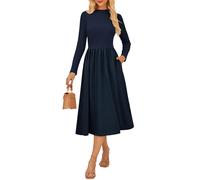 GRACE KARIN Damen Kleid Langarm Herbstkleid Lässiges Stehkragen Gestricktes Midikleid mit Taschen