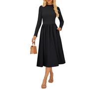 GRACE KARIN Damen Kleid Langarm Herbstkleid Lässiges Stehkragen Gestricktes Midikleid mit Taschen Schwarz XL
