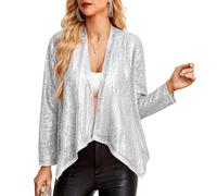 GRACE KARIN Damen Langarm Elegant Jacke Open Front Blazer Jacke Glitzer Pailletten Kimono Cover Up Vintage Shrug Hochzeit Brautjungfer Silber Weiß XL