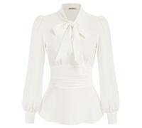 Grace Karin Damen-Langarmhemd mit Schößchen, Elegantes Hemd, Büro-Fliege, Arbeitsblusen, Tops, gesmokte Taille, Elfenbein, Groß