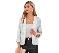 GRACE KARIN Damen Offene Blazer Business Casual Cropped Blazerjacke 3/4 Ärmel kurz Leicht Jacke Mantel Strickjacke Cardigan 2XL Silber Weiß CL2577A23-02