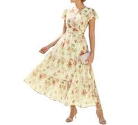 GRACE KARIN Damen Rüschenärmel V-Ausschnitt Midikleid A-Linie Blume Sommerkleid Mit Taschen Beige-orange Blumen M