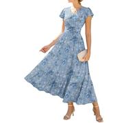 GRACE KARIN Damen Rüschenärmel V-Ausschnitt Midikleid A-Linie Blume Sommerkleid Mit Taschen Blau-Blau Weiß Rose M