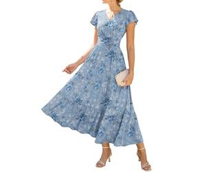 GRACE KARIN Damen Rüschenärmel V-Ausschnitt Midikleid A-Linie Blume Sommerkleid Mit Taschen Blau-Blau Weiß Rose M