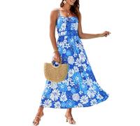 GRACE KARIN Damen Sommer Freizeitkleid A-Linie V-Ausschnitt Kleid langes Blumenkleid Ärmellos Strappy Floral Boho Kleid Spaghetti Strap Flowy Beach Maxikleid Strandkleider Urlaub Blau-Weiß XL