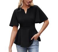 GRACE KARIN Damen Sommer Kurzarm Shirts Slim Fit V-Ausschnitt Basic Business Wickelblusen Schwarz M
