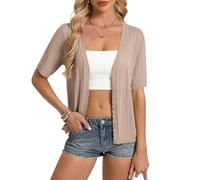 GRACE KARIN Damen Strickjacke Sommer Elegant V Ausschnitt Lochmuster Lockere mit Knöpfen Kurzarm Bolero S Khaki