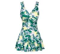 GRACE KARIN Damen V-Ausschnitt Einteiliger Badekleider Sommer Blumen Muster Bauchweg Bademode Gelbgrüne-Blätter 2XL