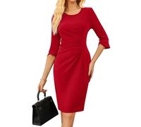 GRACE KARIN Damen Wickelkleid 3/4 Ärmel Gerafftes Etuikleid Rundhals Business Kleid