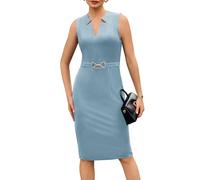 GRACE KARIN Damen Wickelkleid Ärmellos Etuikleid V-Ausschnitt Midi Business Kleid Cocktail Party Arbeiten Blaugrau M