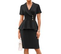 GRACE KARIN Damen Wickelkleid Kurzarmkleid Etuikleid V-Ausschnitt Rüschen Bodycon Midi Business Kleid Cocktail Party Arbeiten Schwarz M