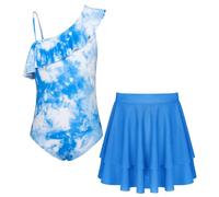 GRACE KARIN Einteiliger Badeanzug für Mädchen Kinder Schnelltrocknende Bademode Verstellbare Blau Weiß 5-6 Jahre