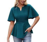 GRACE KARIN Frauen Festlich Oberteil Sommer Rüschenärmel Basic Chiffon Lässige Wickelbluse Pfauenblau L