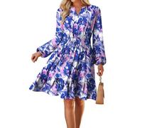 GRACE KARIN Frühlingskleider für Damen 2026, lässiges langärmeliges Minikleid, florales Hochzeitskleid mit Taschen, Blau/Pink, Groß