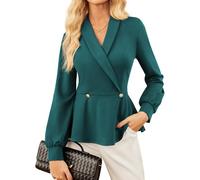 GRACE KARIN Grün Bluse Damen Rüschen V-Ausschnitt Revers Langarm Oberteile Damen Herbst Festliche Hochzeit Tunika Tops Dunkelgrün XXL