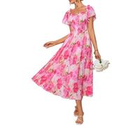 GRACE KARIN Kleid Damen Sommer Off-Shoulder Lang Abendkleider Elegant Für Hochzeit Blumen Maxikleid Boho Rosarot-Weiß Blume XL