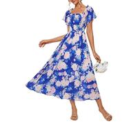 GRACE KARIN Kleid Damen Sommer Off-Shoulder Lang Abendkleider Elegant Für Hochzeit Blumen Maxikleid Boho Blau-Rosa Blume XL