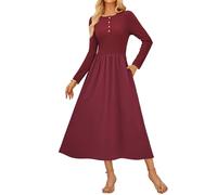 GRACE KARIN Kleider Damen Elegant Rundhals mit Knöpfe Langarm Herbstkleid Damen Midi Festliches Kleid Hochzeitsgast WeinRot M