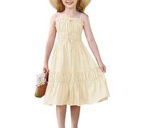 GRACE KARIN Mädchen Elegantes Trägerkleid Kinder Sommer Baumwolle Freizeitkleid Festliches Kleid Aprikose 8 Jahre