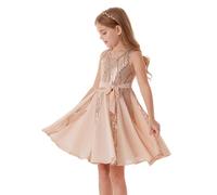 GRACE KARIN Mädchen Pailletten Prinzessin Kleid Sommer Ärmellos Chiffon Patchwork Ausgestelltes A-Linien Kleid mit Gürtel Roségold 6-7 Jahre