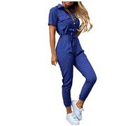 Graceyo Cargo Jumpsuit Damen mit Gürtel Lang Sommer Elegant Jumpsuits Frauen Onesie Overall Bodycon Romper mit Kragen Kuschelig Dünn Casual Playsuit Kurzarm Einfarbig Hosenanzug