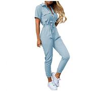 Graceyo Cargo Jumpsuit Damen mit Gürtel Lang Sommer Elegant Jumpsuits Frauen Onesie Overall Bodycon Romper mit Kragen Kuschelig Dünn Casual Playsuit Kurzarm Einfarbig Hosenanzug