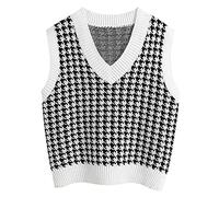Graceyo Damen Casual Hahnentritt Karierte Sweater Weste Pullover Ärmellos V-Ausschnitt Mode Strick Pullunder Strickweste Herbst Winter Sweatshirts Strickpullover Tank Tops Vest