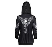 Graceyo Damen Gothic Punk Kapuzenpullover Vintage Retro Schwarz Kapuzenjacke Hoodie Sweatshirt Jacke Mantel Kapuzen Sweatjacke Pulli Streetwear Party Freizeit Kleidung Bluse Tops Outwear, M