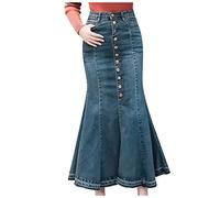 Graceyo Damen Jeans Rock, Stretch Denim Maxi Jeansrock Mit Weit Ausgestelltem Saum, Slimfit Midi Röcke Freizeitrock Partyrock, A Linie Rock, Figurbetontes Damenrock Hohe Taille, Blau, XL
