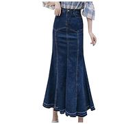 Graceyo Damen Jeansrock Sexy Großer Swing Rock High Waist Maxirock mit Knöpfen Langer A-Linie Rock Einfarbig Ausgestelltes A-Linie Vielseitige Rock Vintage Denimrock
