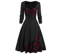 Graceyo Damen Mittelalter Kleid Gothic Kleider, Steampunk Kleid Gitter A-Line Partykleider Lace Up Karneval Party Halloween Kostüm Cosplay Kostume Festkleid Vintage Retro Langarmkleid Damenkleid