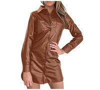 Graceyo Damen PU Leder Kleid Winter Langarm Elegant Etuikleid Bleistiftkleid Bodycon Clubwear Dress Cocktail Party Abend Kleider Frauen Revers Lederkleid Wickelkleid