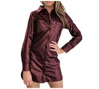 Graceyo Damen PU Leder Kleid Winter Langarm Elegant Etuikleid Bleistiftkleid Bodycon Clubwear Dress Cocktail Party Abend Kleider Frauen Revers Lederkleid Wickelkleid