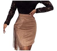 Graceyo Damen Rock mit Fransen Irregulär Patchwork-Rock High Waist Minirock mit Seitenschlitz Langer A-Linie Rock Bleistift Röcke Figurbetont Wildleder Stretch Skinny Bleistiftröcke