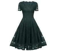 Graceyo Damen Spitzenkleid Abendkleid Hohe Taille Kurzarm V-Ausschnitt Cocktailkleid Vintage Retro A-Linie Festliche Party Ball Kleider Elegant Lässig Spitze Kleid Rockabilly Knielang