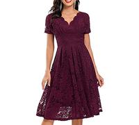 Graceyo Damen Spitzenkleid Abendkleid Hohe Taille Kurzarm V-Ausschnitt Cocktailkleid Vintage Retro A-Linie Festliche Party Ball Kleider Elegant Lässig Spitze Kleid Rockabilly Knielang
