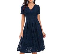 Graceyo Damen Spitzenkleid Abendkleid Hohe Taille Kurzarm V-Ausschnitt Cocktailkleid Vintage Retro A-Linie Festliche Party Ball Kleider Elegant Lässig Spitze Kleid Rockabilly Knielang
