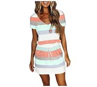 Graceyo Elegante Kleider Damen Knielang, Kurzarm A-Linie Elegantes Minikleider Frauen Sommerkleid V-Ausschnitt Tunika Kleid Boho Freizeitkleider Wickelkleid, 1-khaki, L